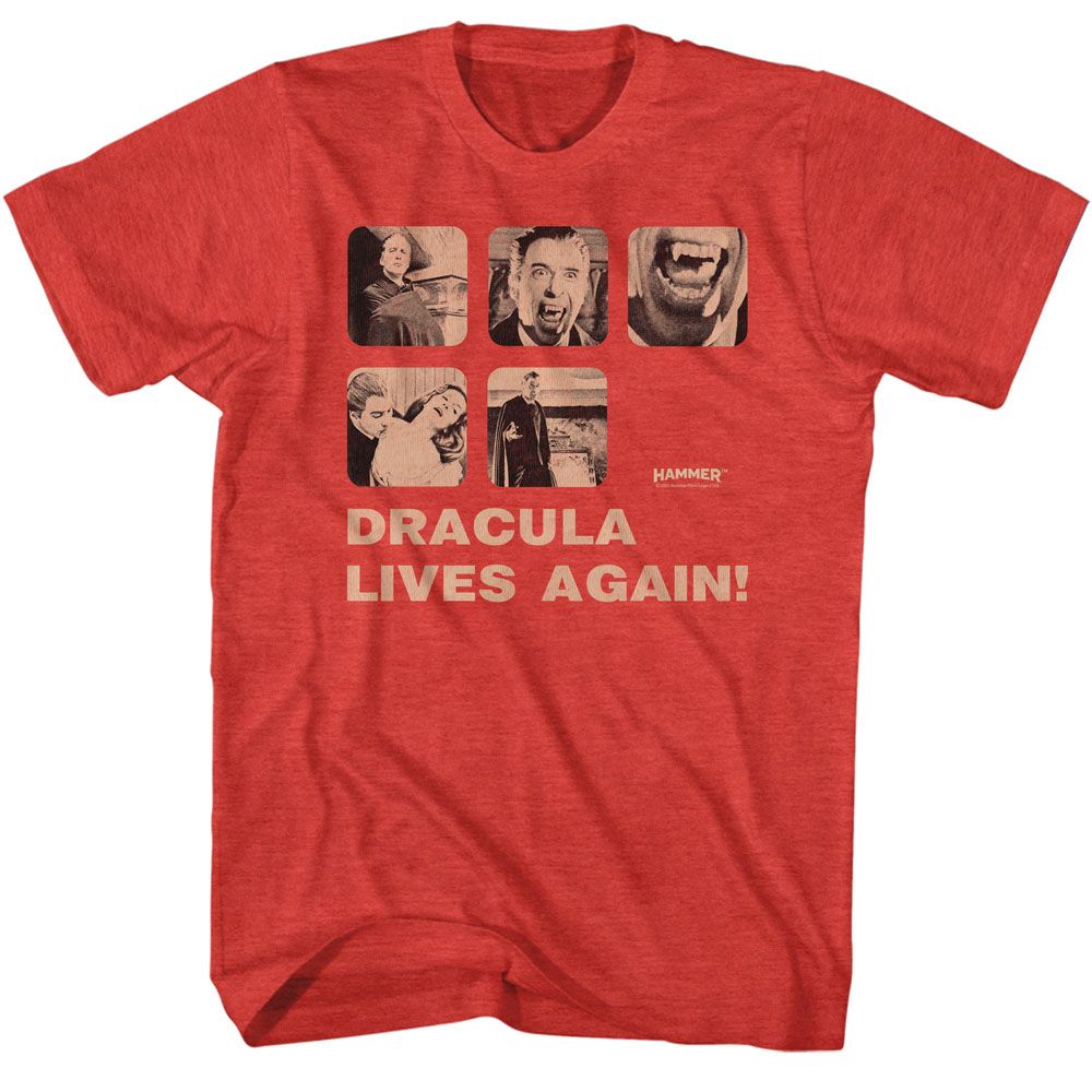 Red heather Hammer Horror t-shirt featuring Hammer Horror Dracula Has Risen from the Grave design