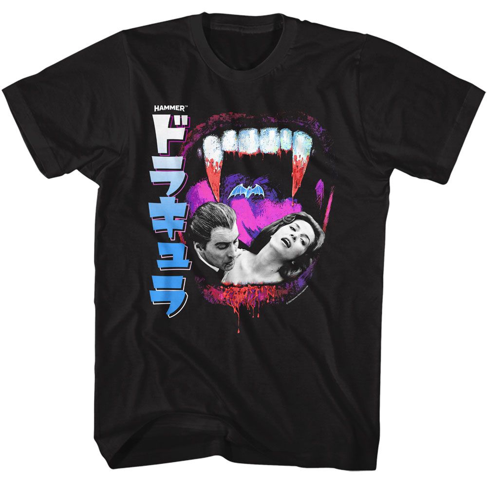 Black Hammer Horror t-shirt featuring Hammer Horror Fangs and Photo Japanese text design