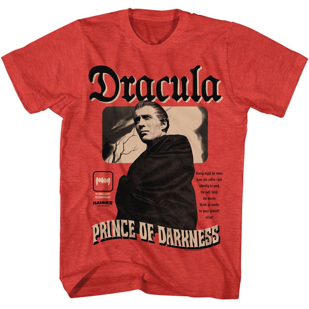 Red heather Hammer Horror t-shirt featuring Hammer Horror Prince of Darkness design