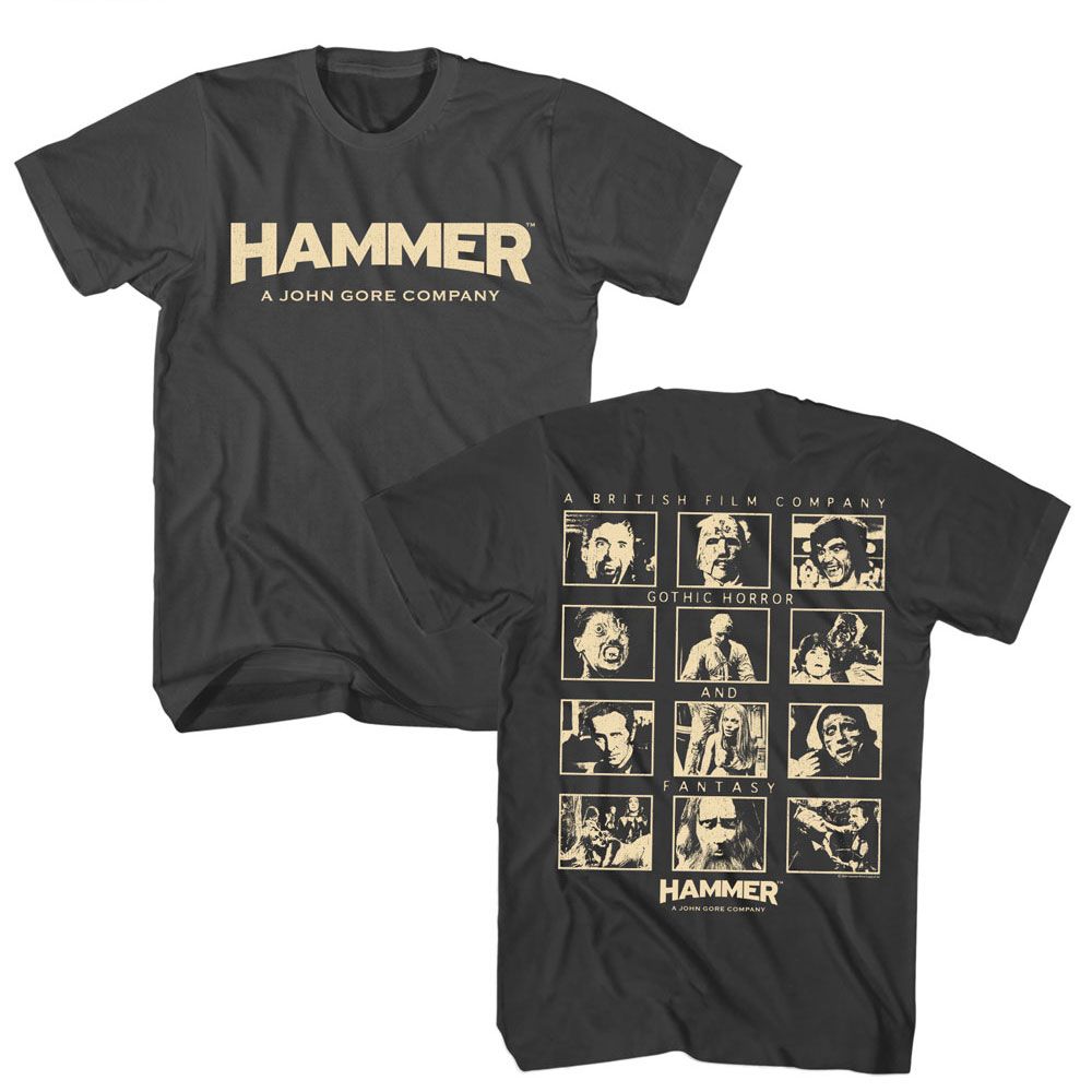 Smoke gray Hammer Horror t-shirt featuring Hammer Horror Films design (front and back)