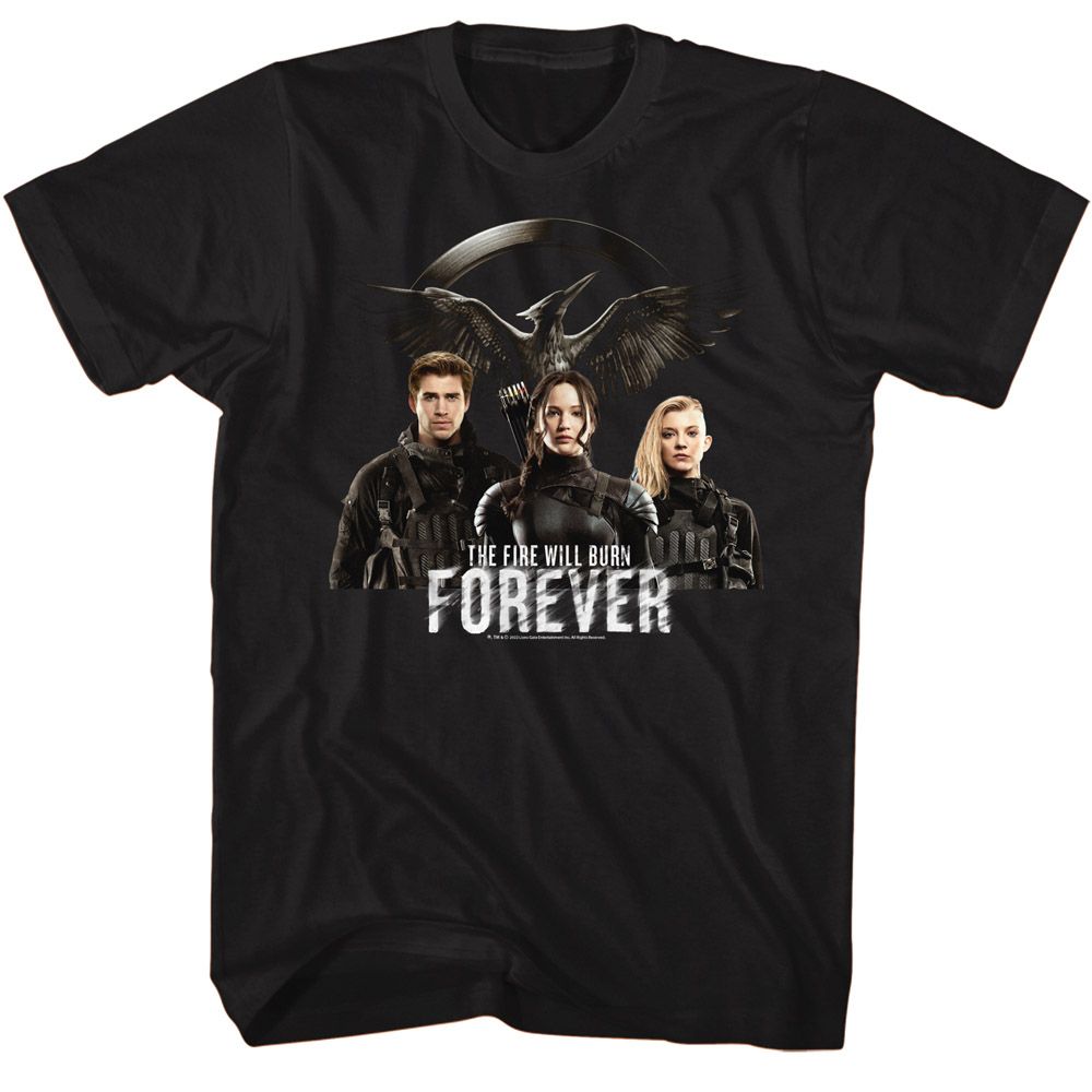Black The Hunger Games t-shirt featuring The Hunger Games Fire Will Burn Forever design