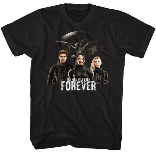 Black The Hunger Games t-shirt featuring The Hunger Games Fire Will Burn Forever design