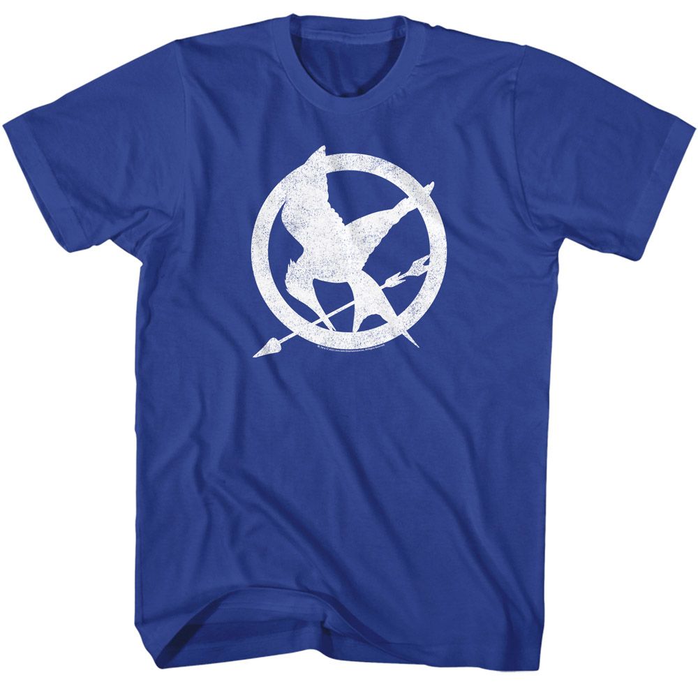 Royal blue The Hunger Games t-shirt featuring The Hunger Games Mockingjay pin design
