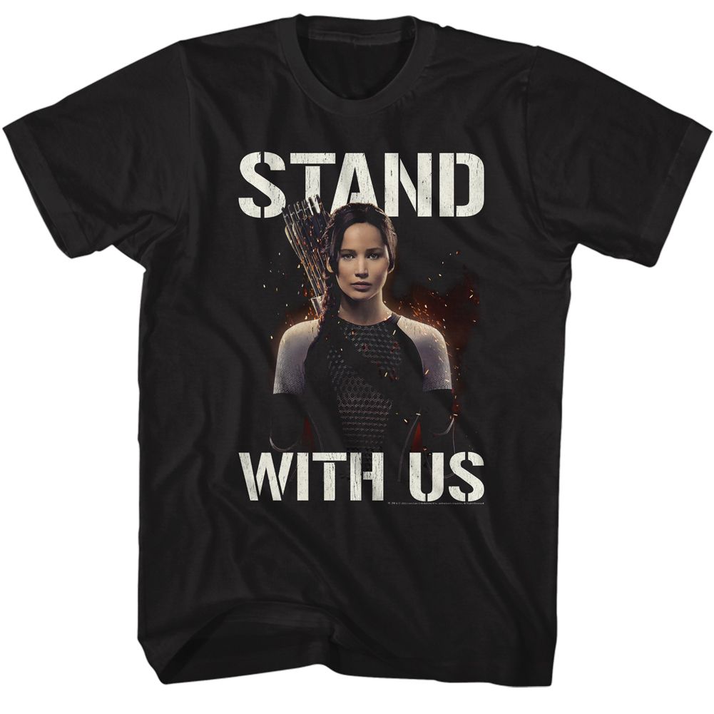 Black The Hunger Games t-shirt featuring The Hunger Games Stand With Us Katniss design