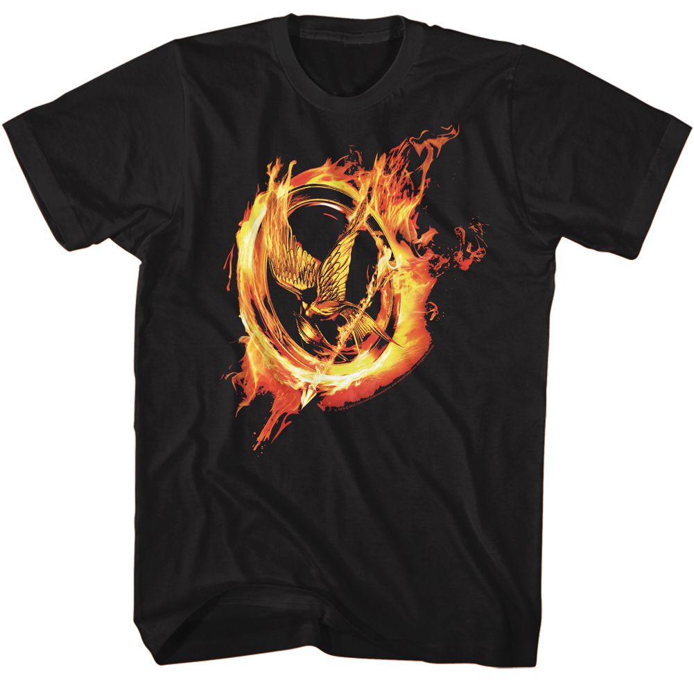 Black The Hunger Games t-shirt featuring The Hunger Games Mockingjay pin close-up design