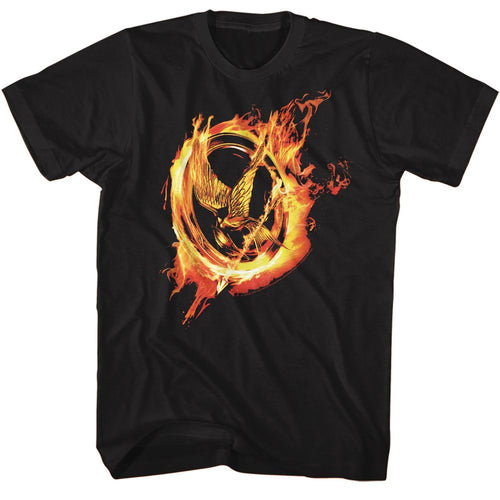 Black The Hunger Games t-shirt featuring The Hunger Games Mockingjay pin close-up design