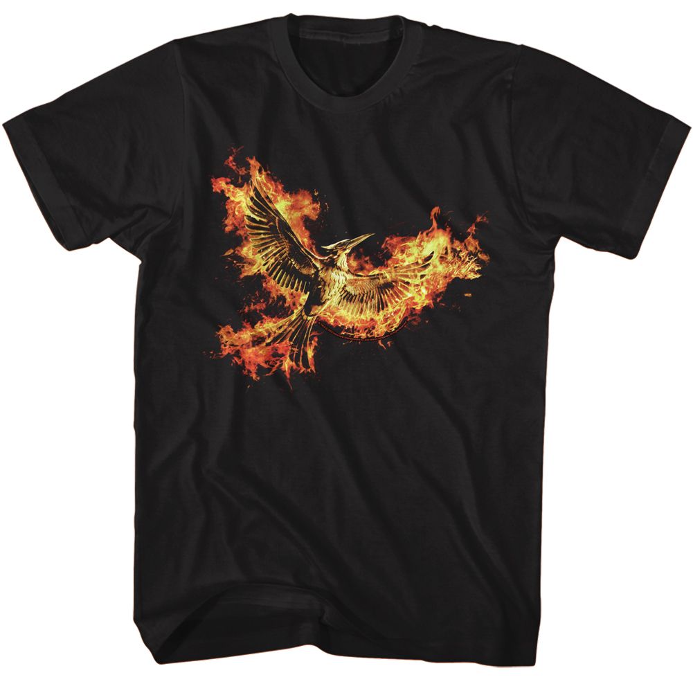 Black The Hunger Games t-shirt featuring The Hunger Games Mockingjay Part 2 pin design