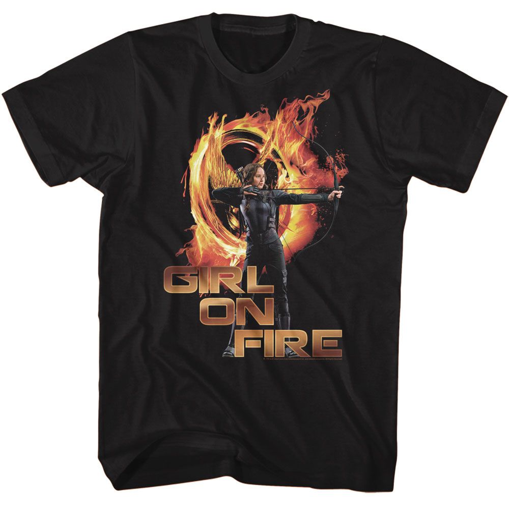 Black The Hunger Games t-shirt featuring The Hunger Games Girl On Fire design