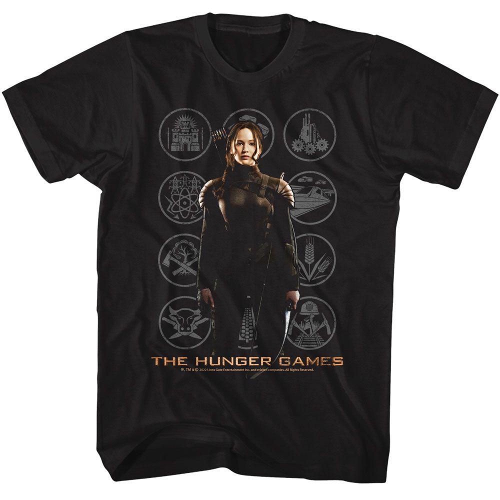 Black The Hunger Games t-shirt featuring The Hunger Games Katniss with Districts design