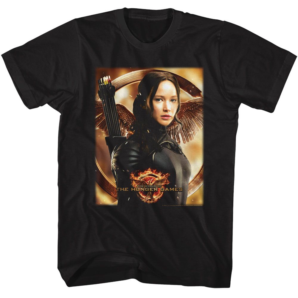 Black The Hunger Games t-shirt featuring The Hunger Games Katniss Mockingjay background design