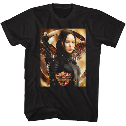 Black The Hunger Games t-shirt featuring The Hunger Games Katniss Mockingjay background design