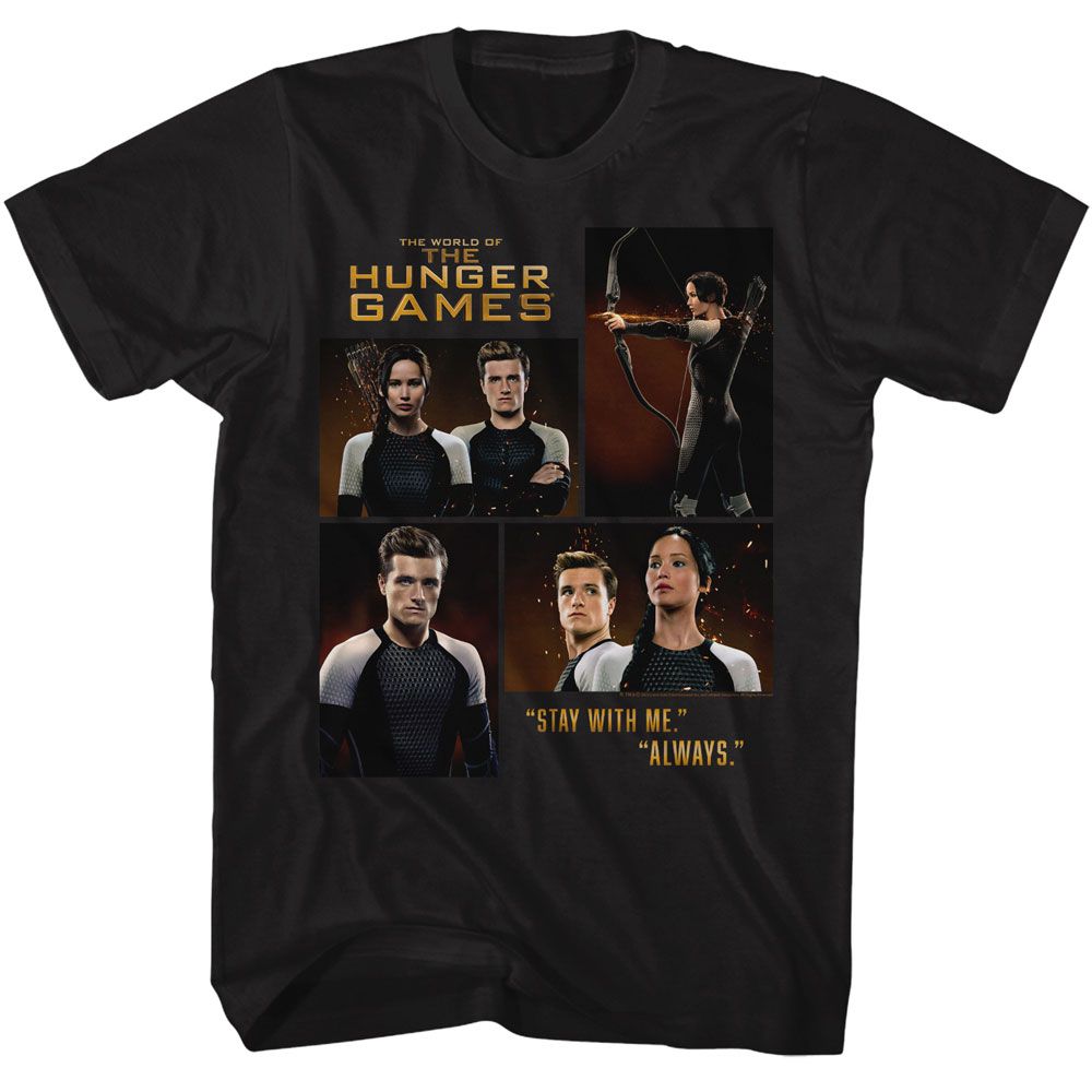 Black The Hunger Games t-shirt featuring The Hunger Games Katniss and Peeta four-photo design