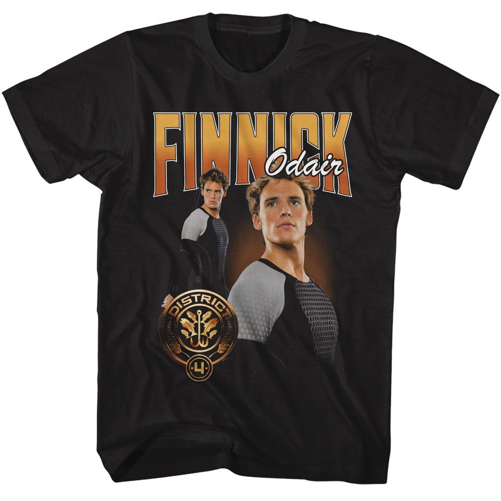 Black The Hunger Games t-shirt featuring The Hunger Games Finnick Odair duo photo design