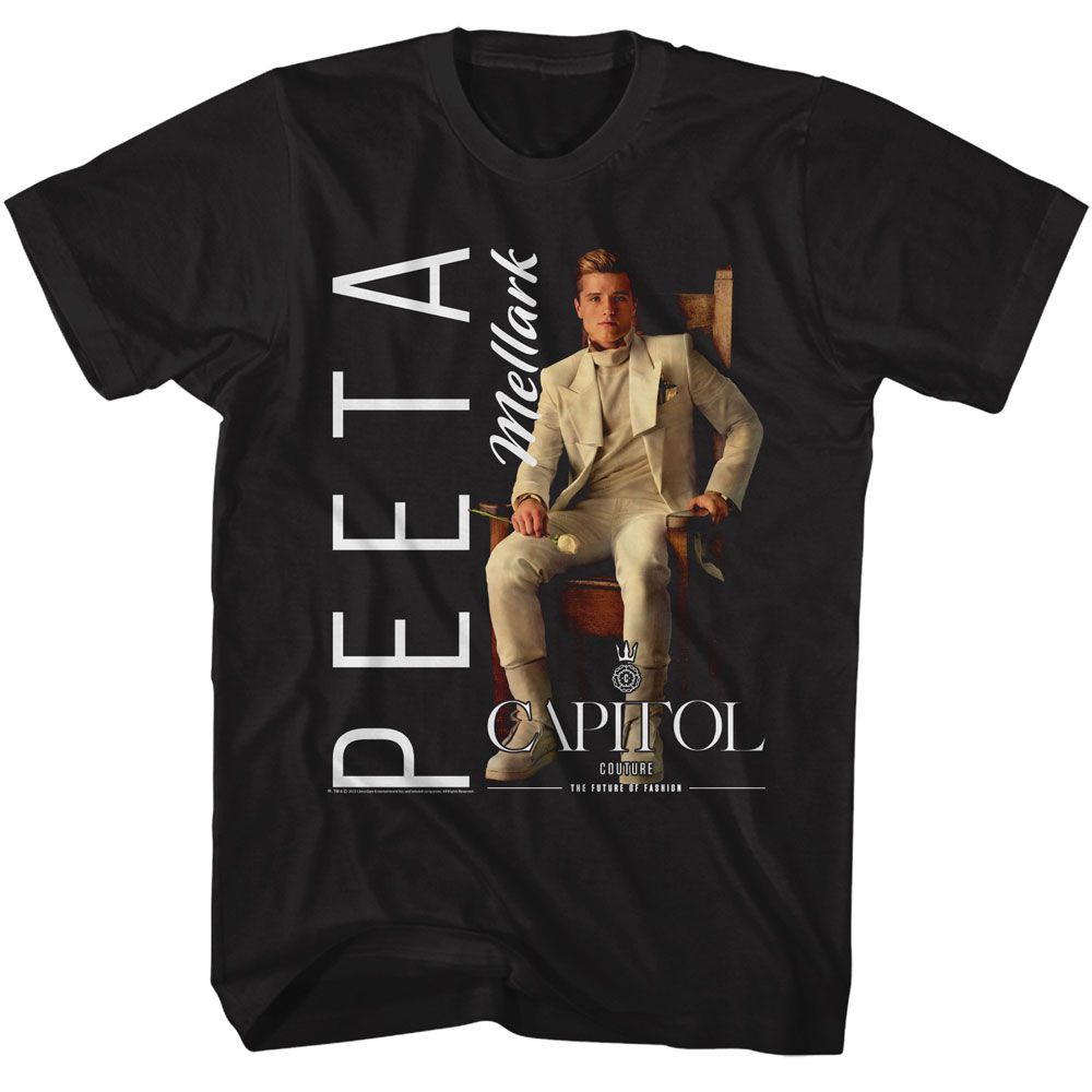 Black The Hunger Games t-shirt featuring The Hunger Games Capitol Couture Peeta design