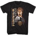 Black The Hunger Games t-shirt featuring The Hunger Games Finnick vertical text design