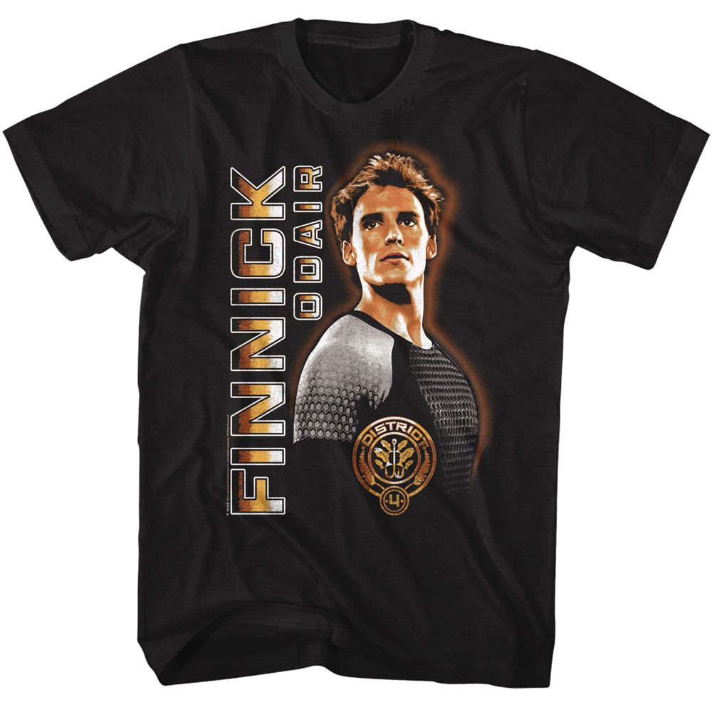 Black The Hunger Games t-shirt featuring The Hunger Games Finnick vertical text design