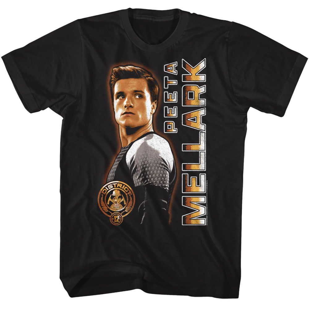 Black The Hunger Games t-shirt featuring The Hunger Games Peeta vertical text design