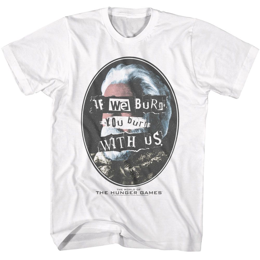 White The Hunger Games t-shirt featuring The Hunger Games Burn With Us design
