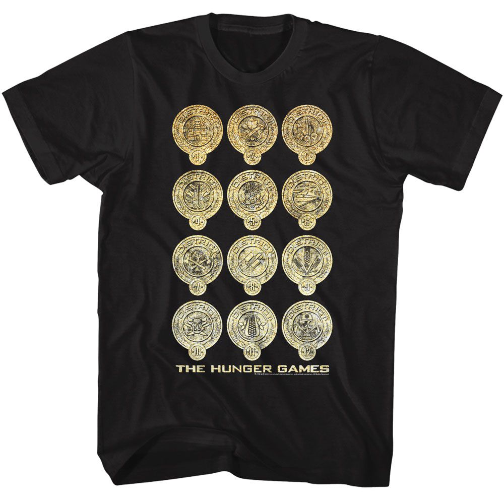 Black The Hunger Games t-shirt featuring The Hunger Games Shine District Logos design