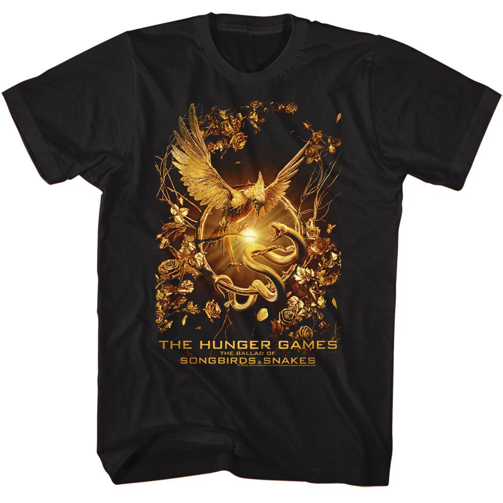Black The Hunger Games t-shirt featuring The Hunger Games Ballad of Songbirds and Snakes poster design