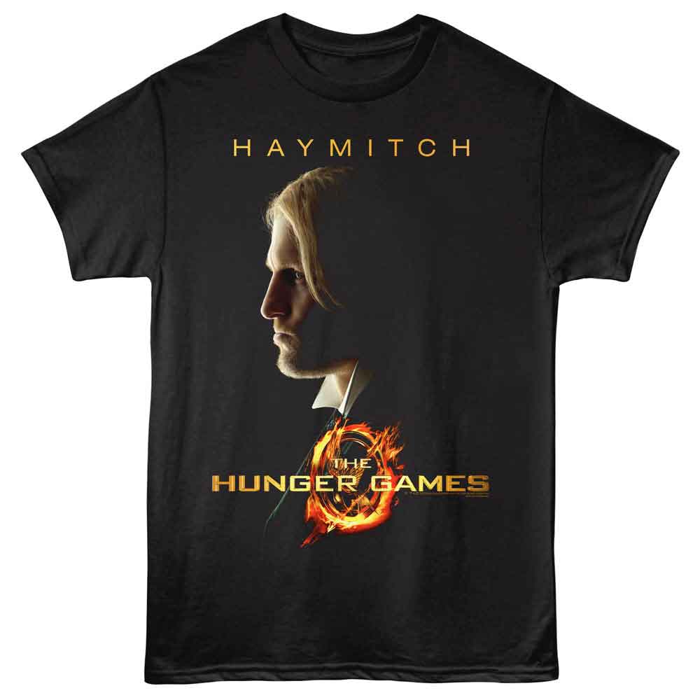 Black The Hunger Games t-shirt featuring a Haymitch Profile design