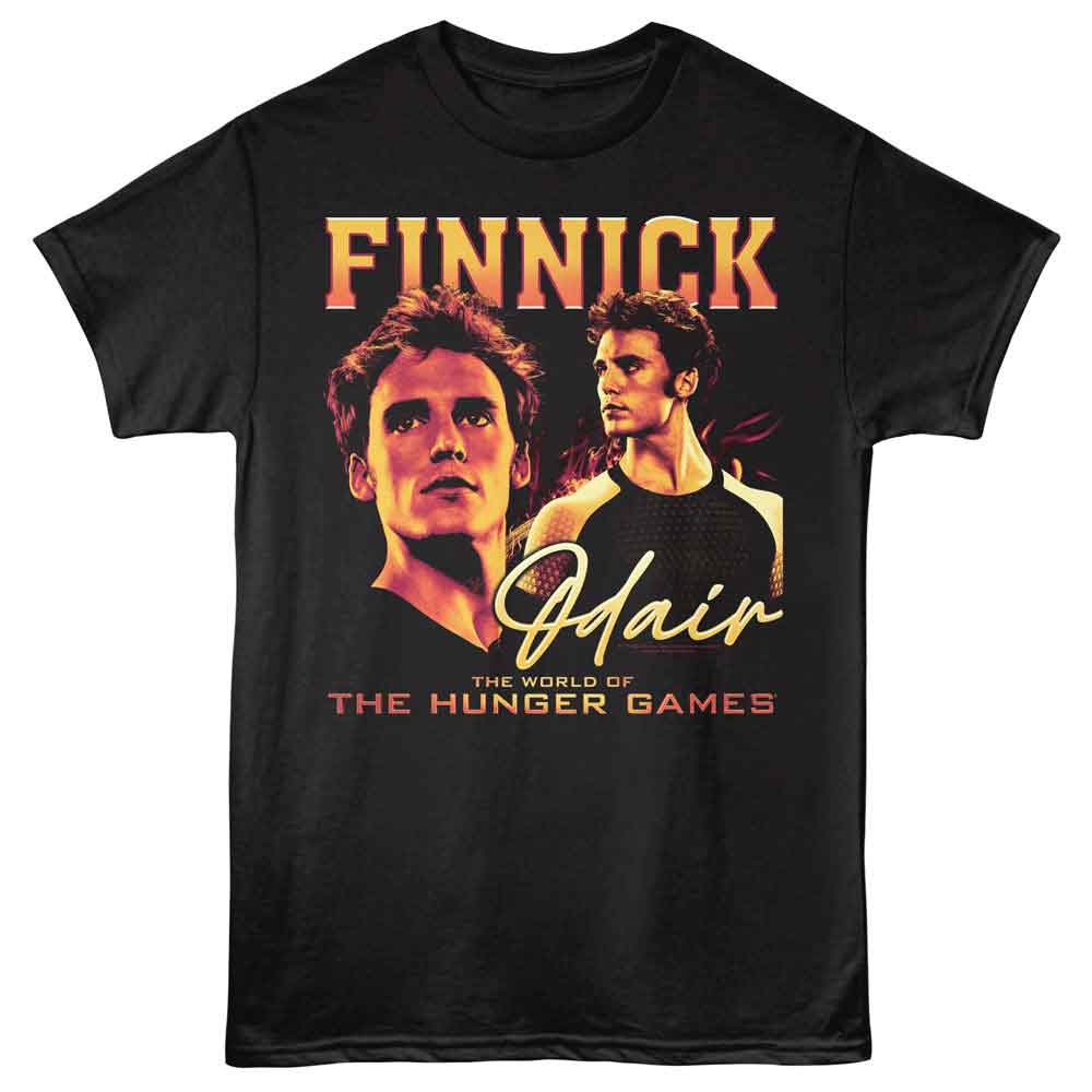 Black The Hunger Games t-shirt featuring a Fiery Finnick design