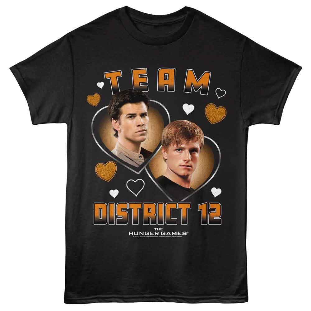 Black The Hunger Games t-shirt featuring a Team District 12 design