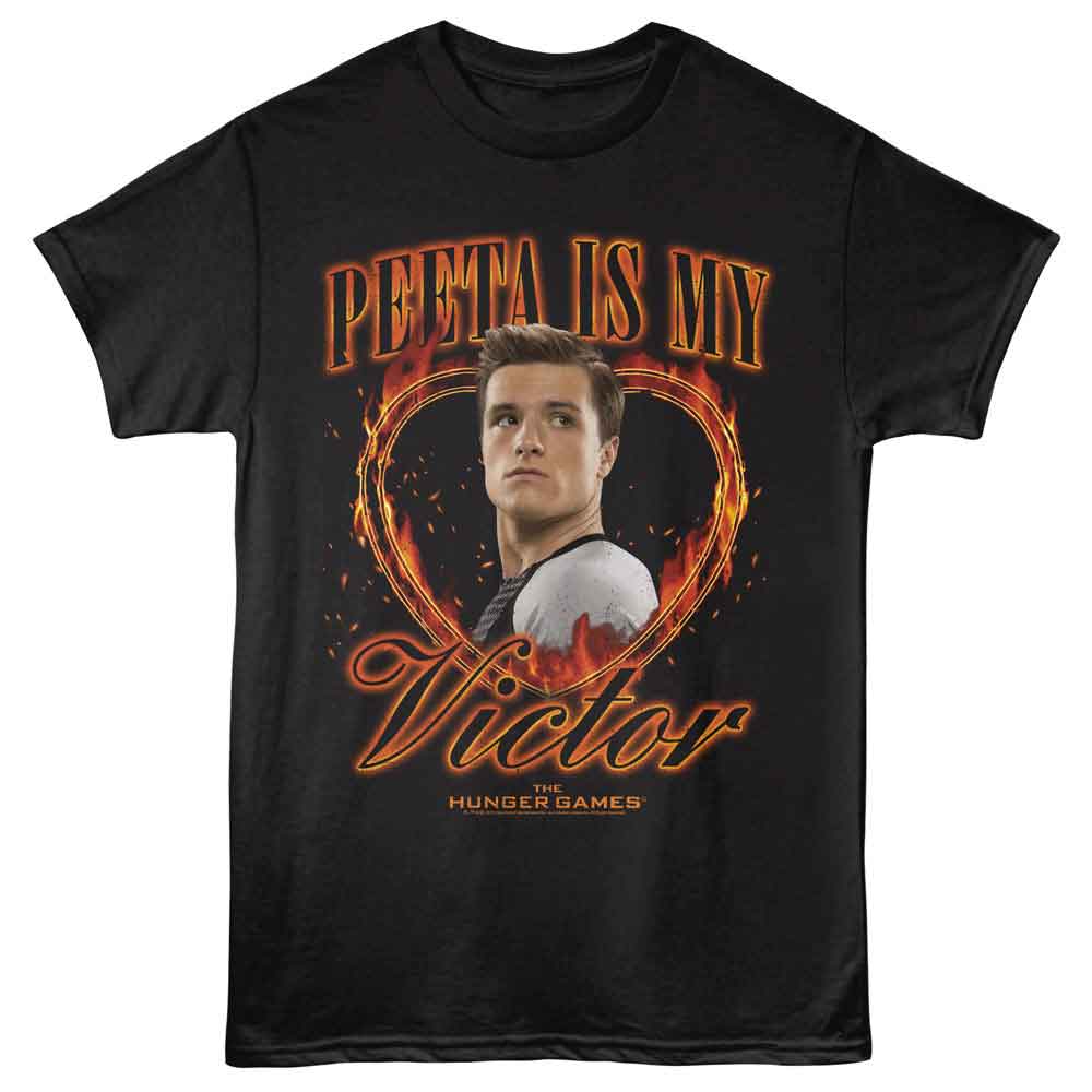 Black The Hunger Games t-shirt featuring a Peeta Is My Victor design