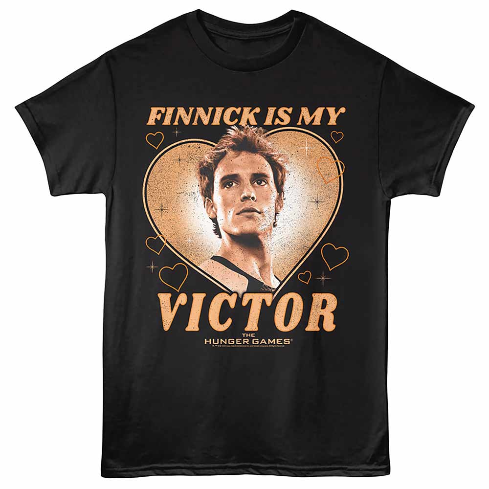Black The Hunger Games t-shirt featuring a Finnick Is My Victor design