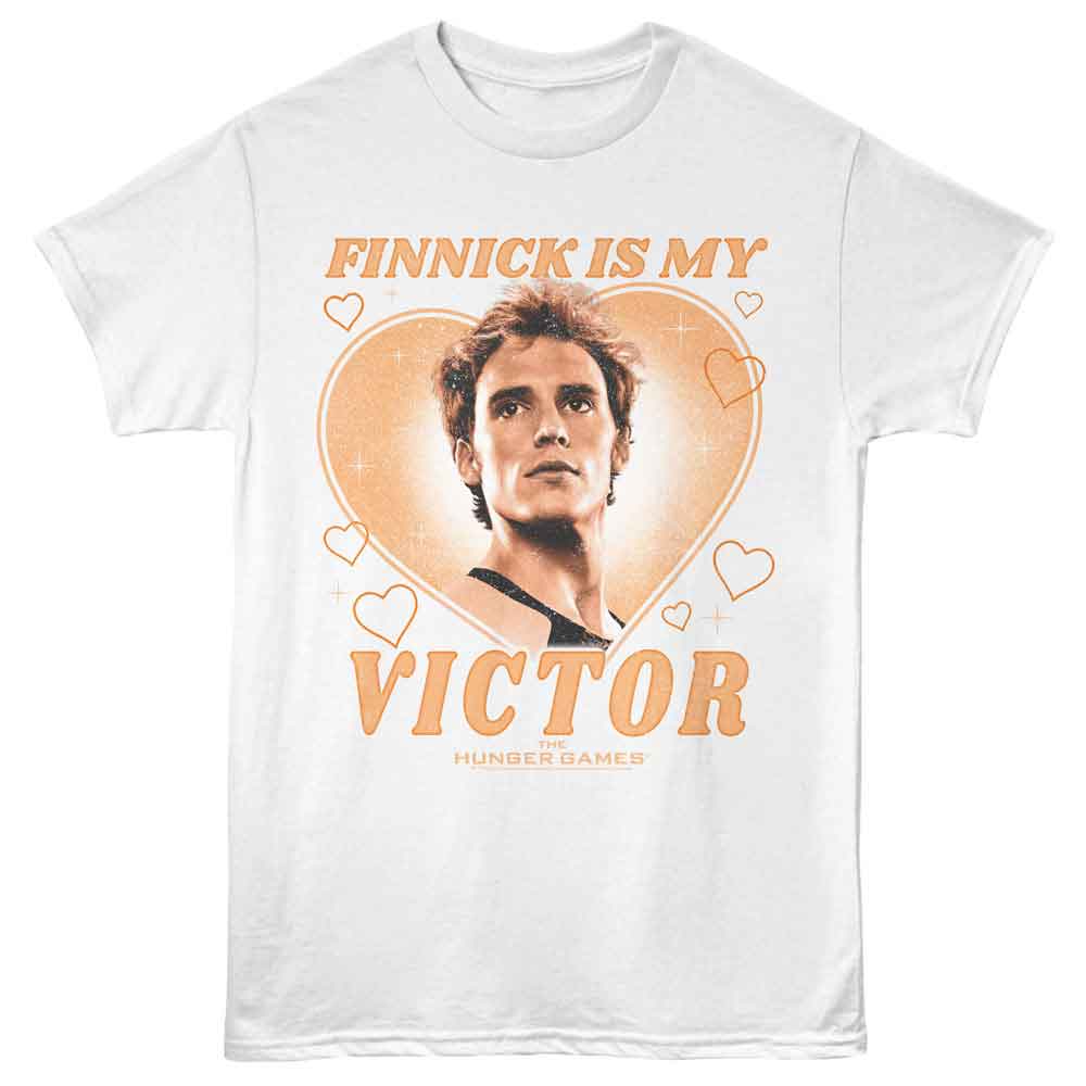 White The Hunger Games t-shirt featuring a Finnick Is My Victor design