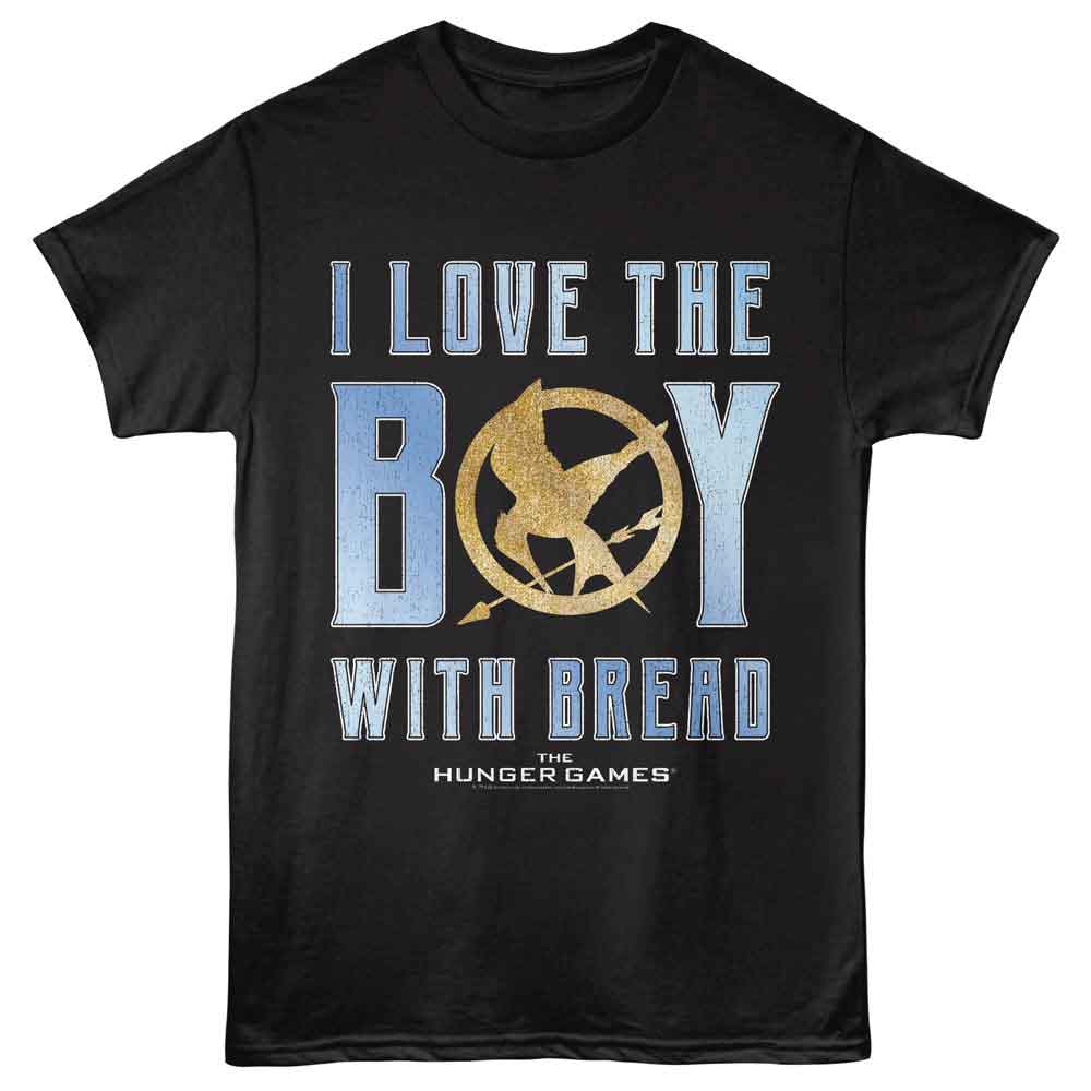 Black The Hunger Games t-shirt featuring a Boy With Bread design