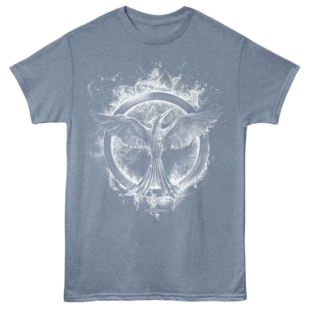 Indigo Heather The Hunger Games t-shirt featuring a Mockingjay design