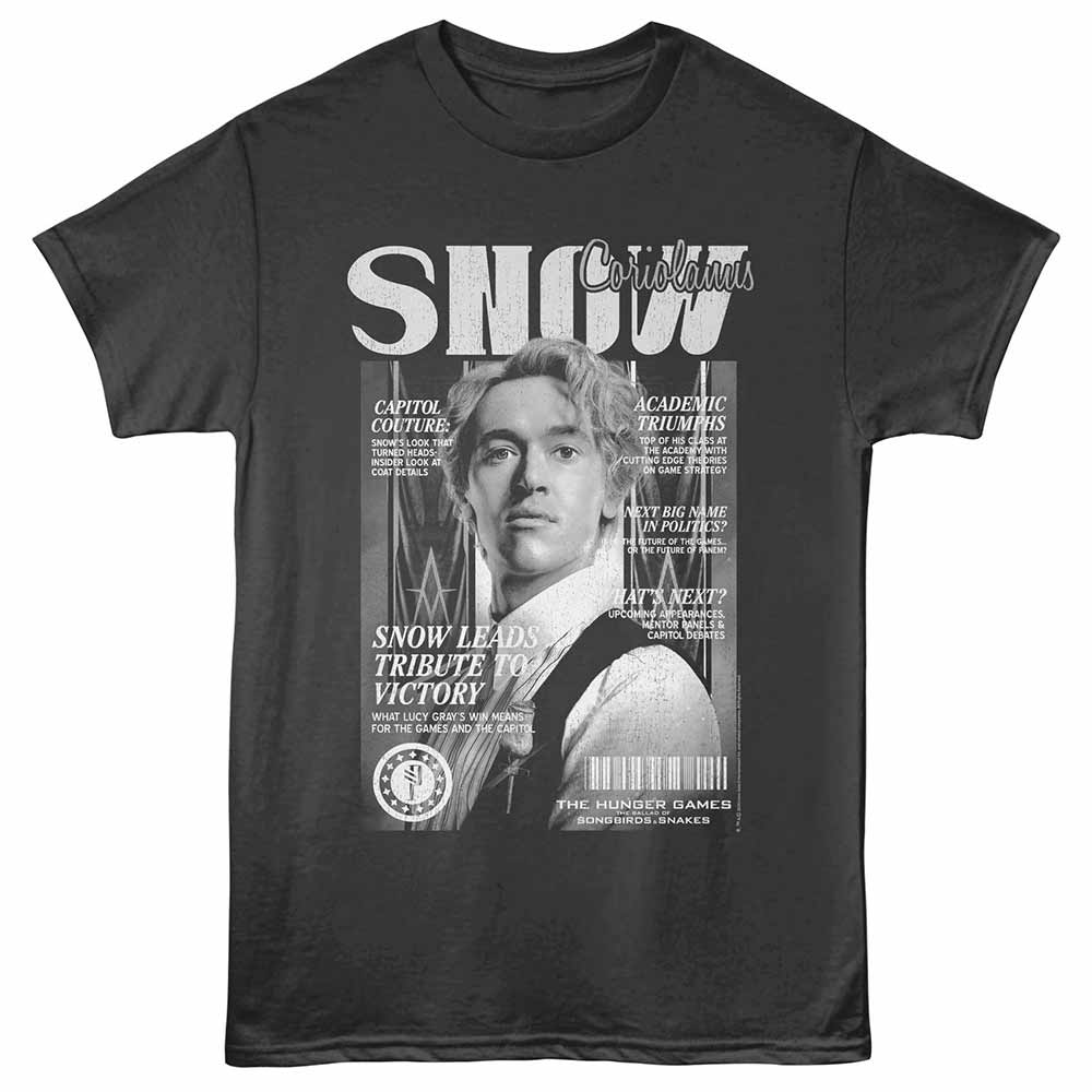 Smoke gray The Hunger Games t-shirt featuring a Coriolanus Snow Magazine Cover design