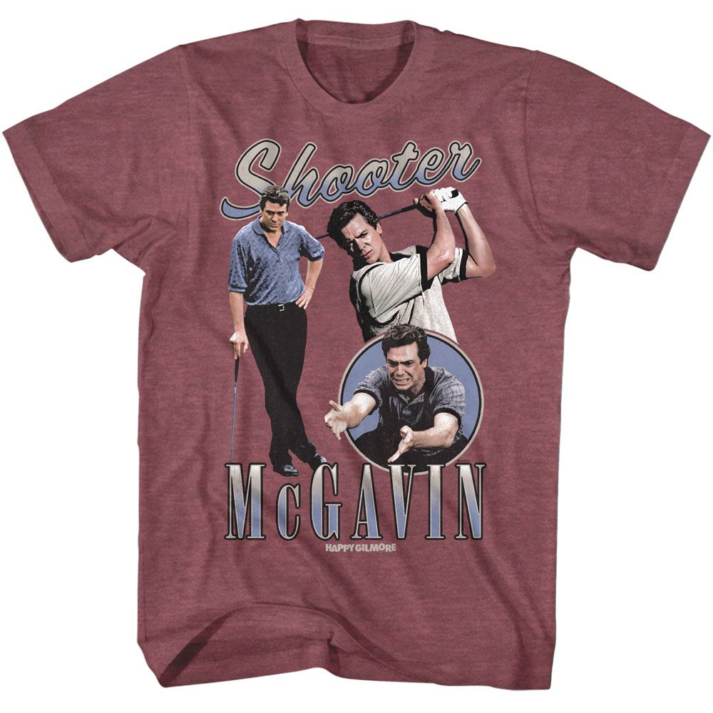 Vintage maroon heather Happy Gilmore t-shirt featuring Happy Gilmore Shooter McGavin Montage design