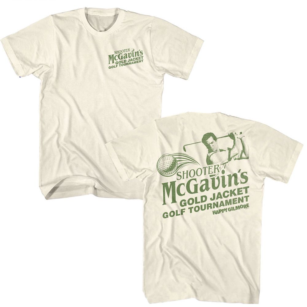Natural Happy Gilmore t-shirt featuring Happy Gilmore Mono Gold Jacket Tournament design (front and back)