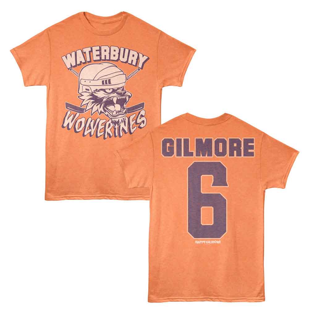 Cantaloupe orange Happy Gilmore t-shirt featuring Happy Gilmore Waterbury Hockey design (front and back)