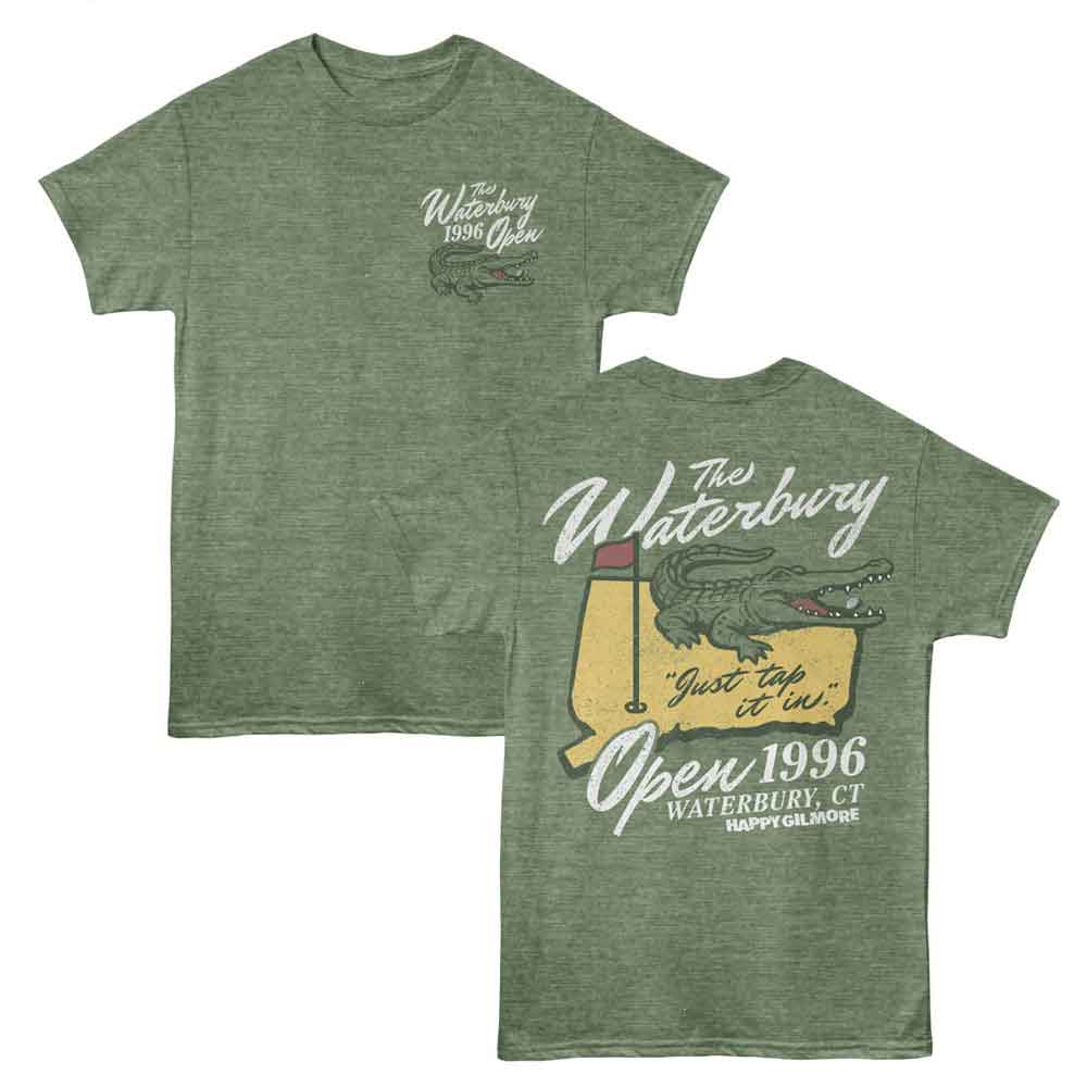 Military green heather Happy Gilmore t-shirt featuring Happy Gilmore The Waterbury Open alternate design (front and back)