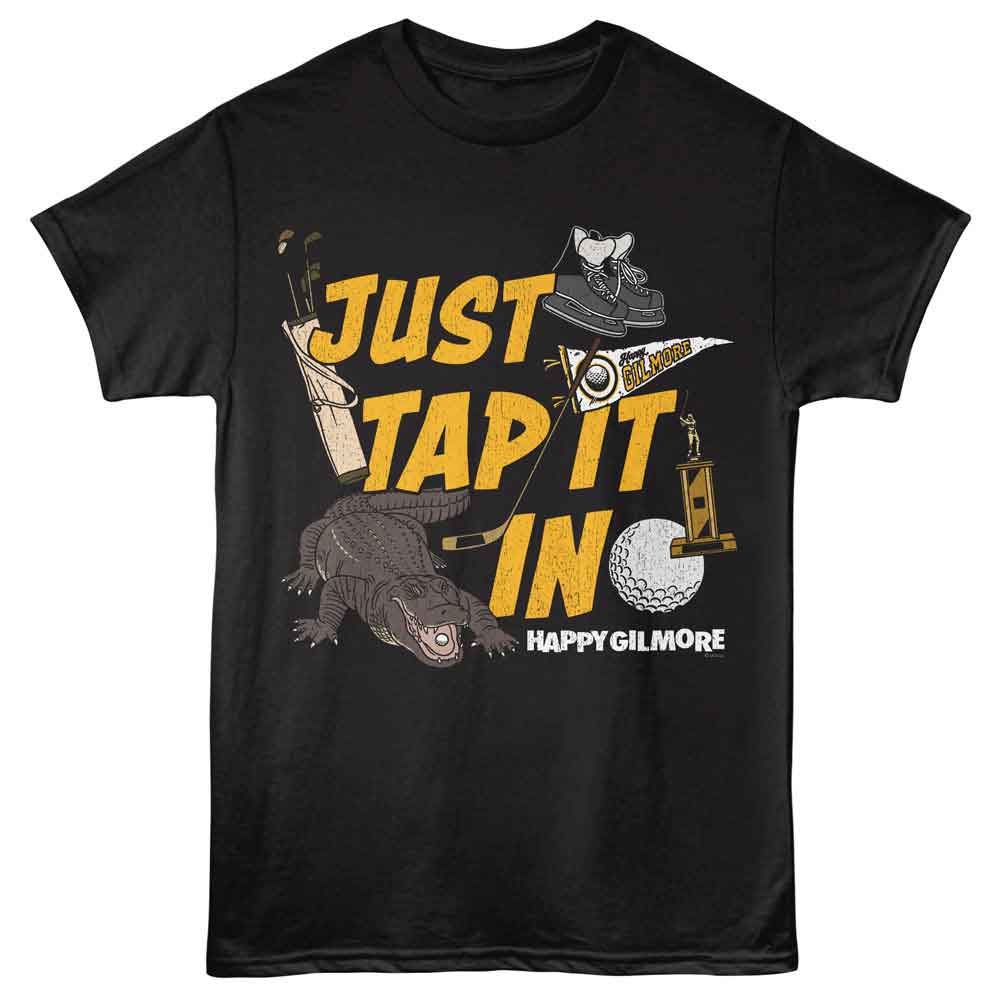Black Happy Gilmore t-shirt featuring Happy Gilmore Tap It In With Icons design