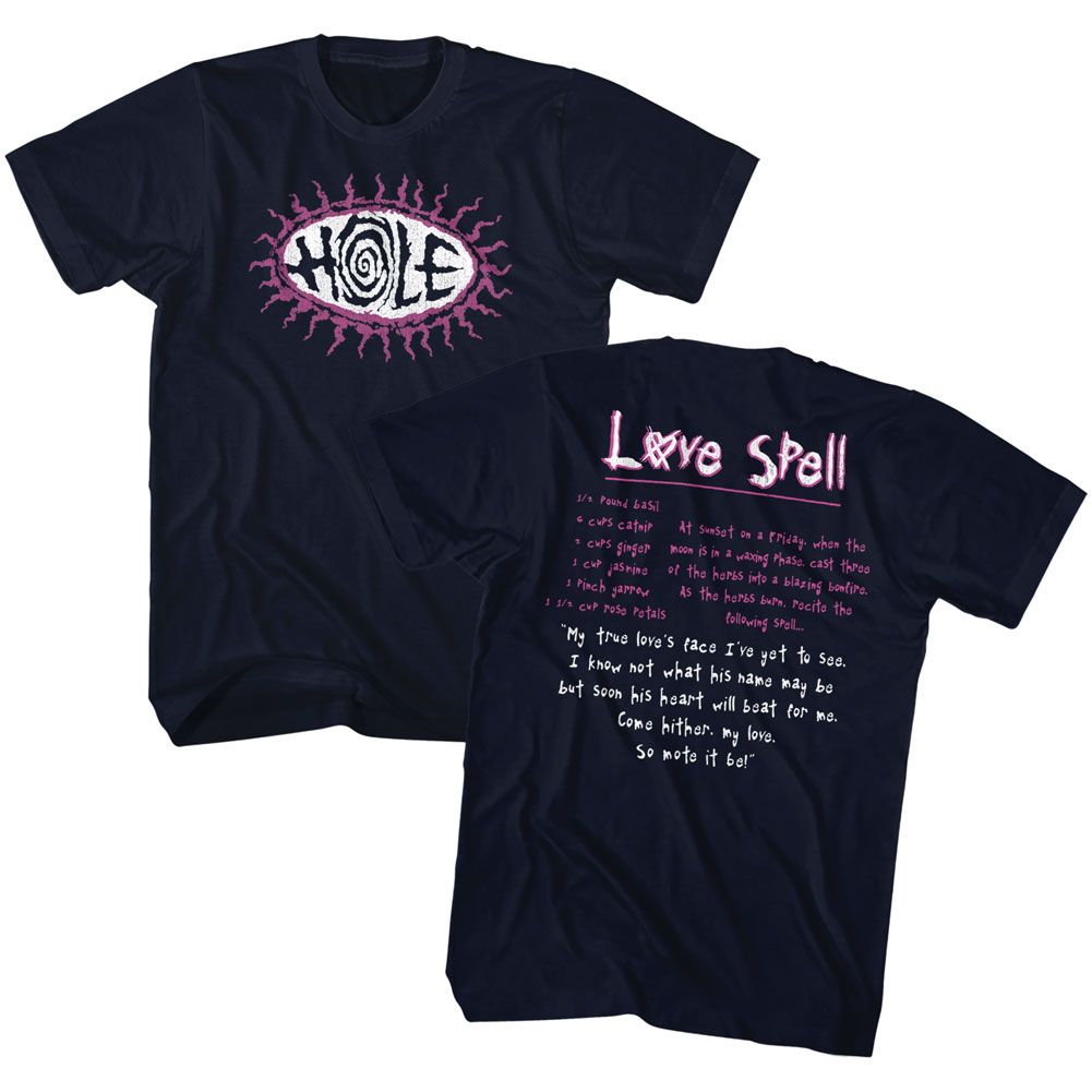 Navy Hole t-shirt featuring Hole Love Spell design (front and back)