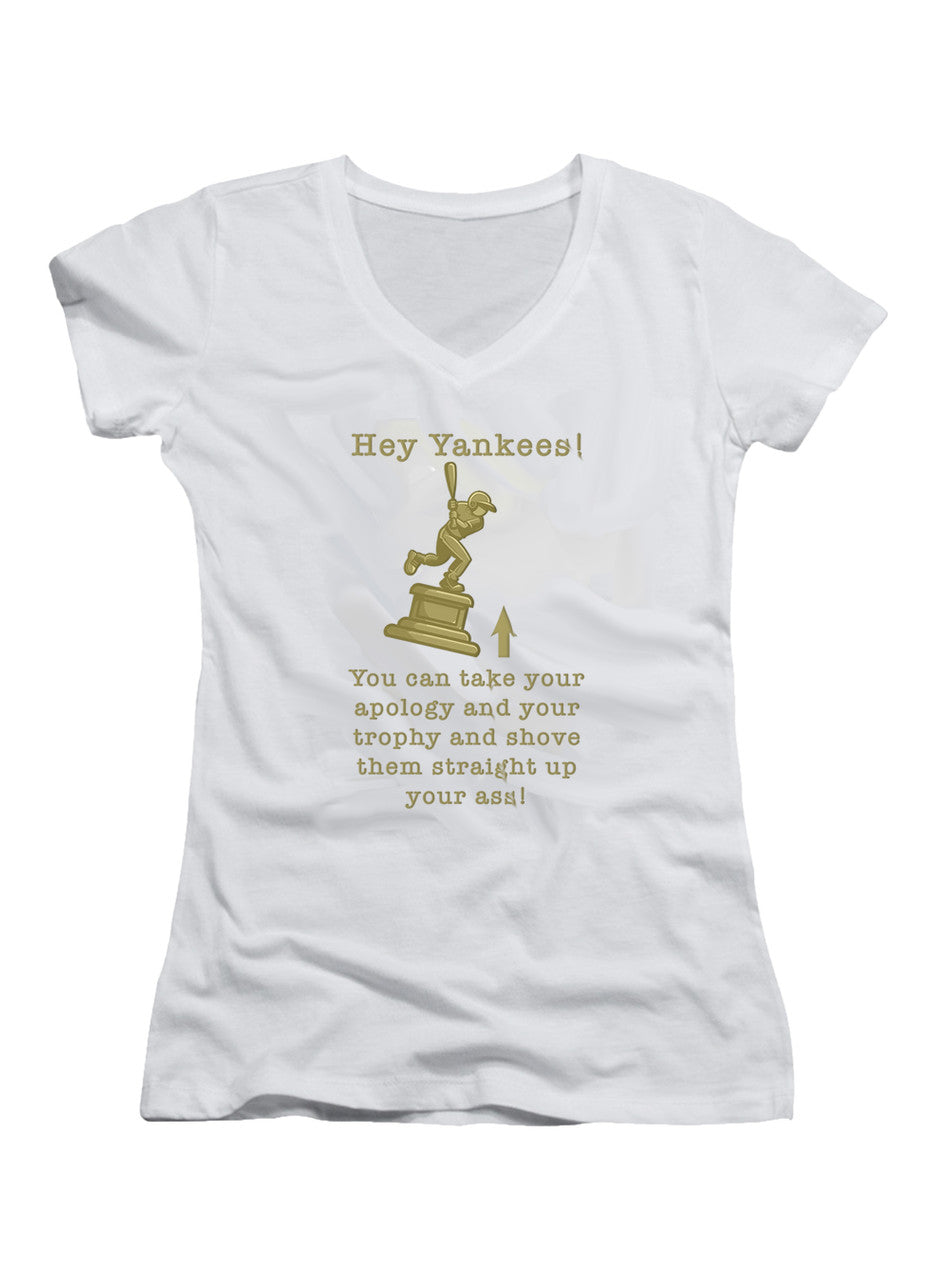 White Hey Yankees Juniors V-Neck T-Shirt