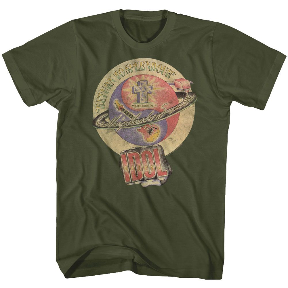 Military green Billy Idol t-shirt featuring Billy Idol Whiplash Smile 1986 album design