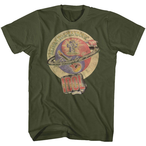 Military green Billy Idol t-shirt featuring Billy Idol Whiplash Smile 1986 album design