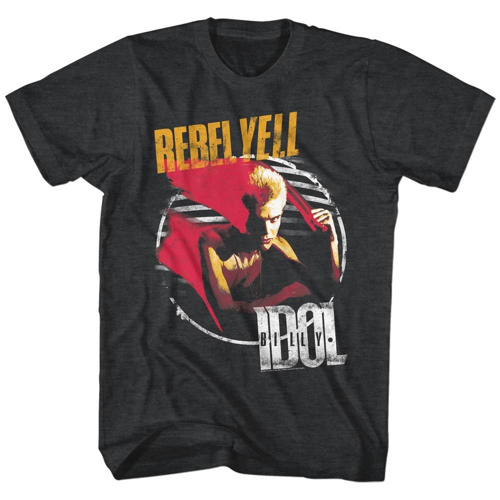 Black heather Billy Idol t-shirt featuring Billy Idol Rebel Yell 1983 album design