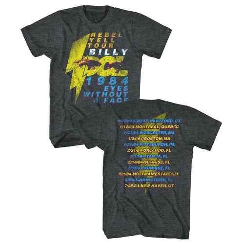 Black heather Billy Idol t-shirt featuring Billy Idol Eyeballs Tour design (front and back)