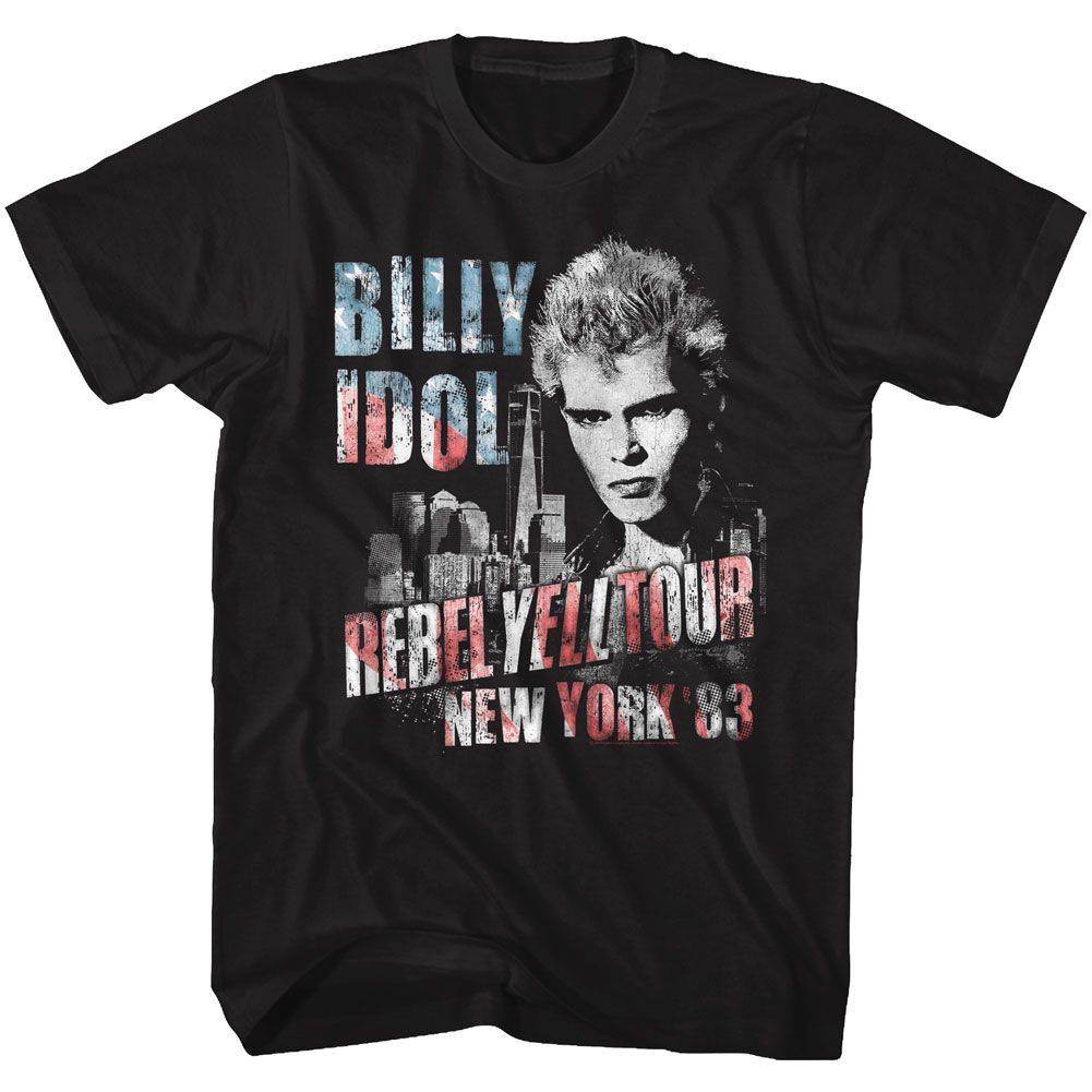 Black Billy Idol t-shirt featuring Billy Idol NY 83 Flag design