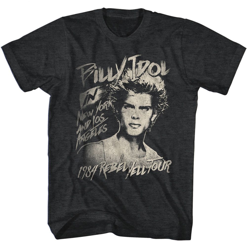 Black heather Billy Idol t-shirt featuring Billy Idol 1984 Rebel Yell Tour design