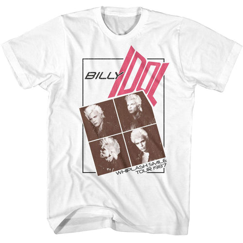 White Billy Idol t-shirt featuring Billy Idol Four Photo Warped Text design