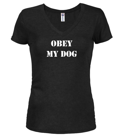 Black Obey My Dog Juniors V-Neck T-Shirt