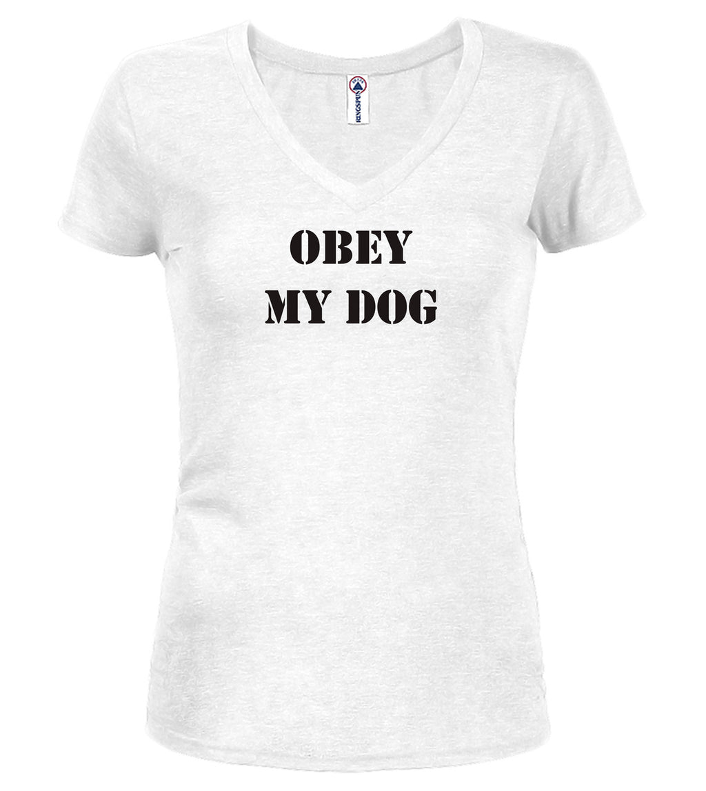 White Obey My Dog Juniors V-Neck T-Shirt