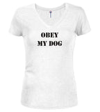 White Obey My Dog Juniors V-Neck T-Shirt